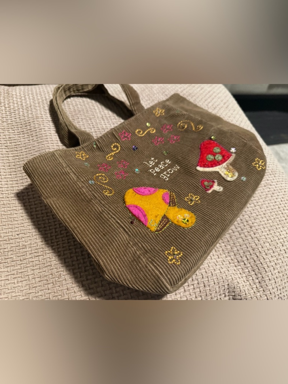 Embroidered Mushroom Corduroy Tote in Olive Brown